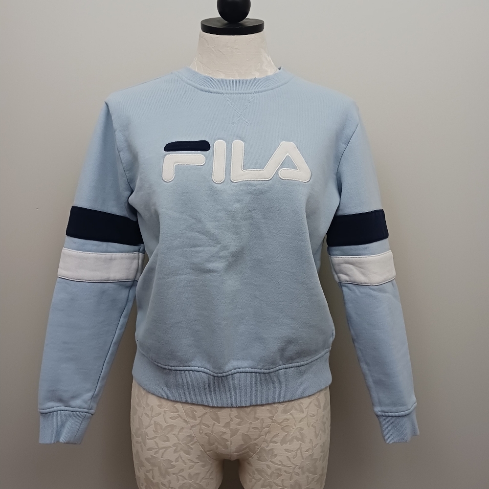 Vintage FILA Crewneck Sweater Baby Blue Navy White Stripes Small Embroidered